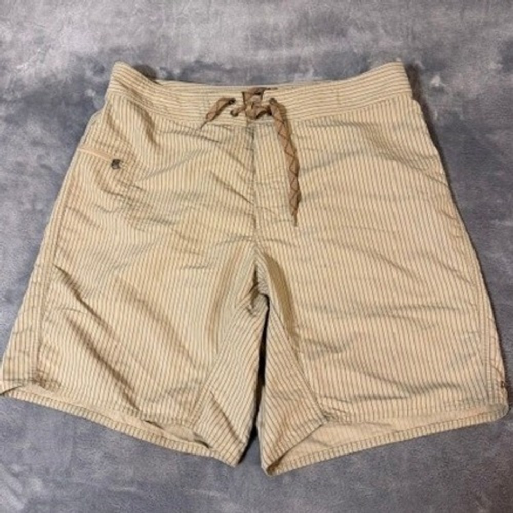 Patagonia Board Shorts Men 33 Tan Pinstripe Recycled Nylon Swim Trunks Pocket